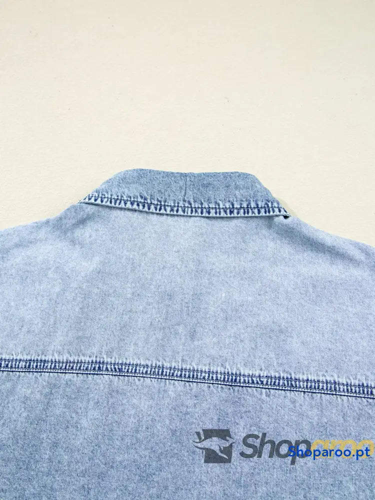 Chest Pocket Raw Hem Denim Loose Shirt Dress