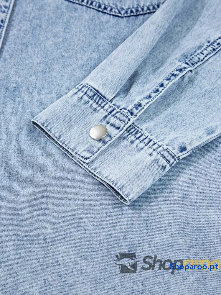 Chest Pocket Raw Hem Denim Loose Shirt Dress