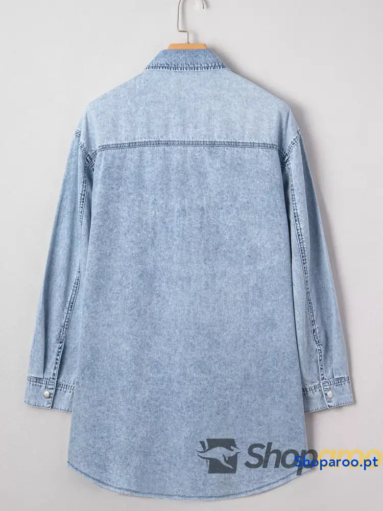 Chest Pocket Raw Hem Denim Loose Shirt Dress