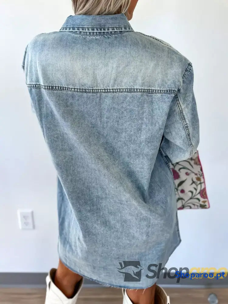 Chest Pocket Raw Hem Denim Loose Shirt Dress