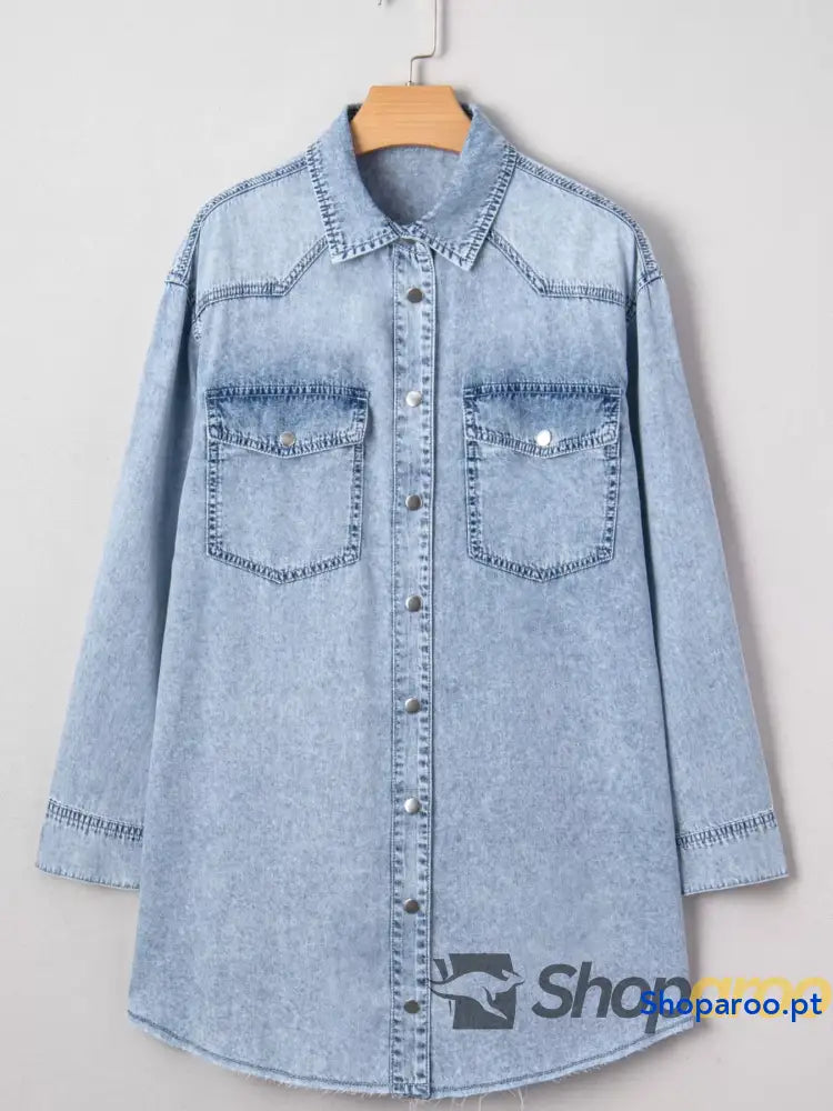 Chest Pocket Raw Hem Denim Loose Shirt Dress