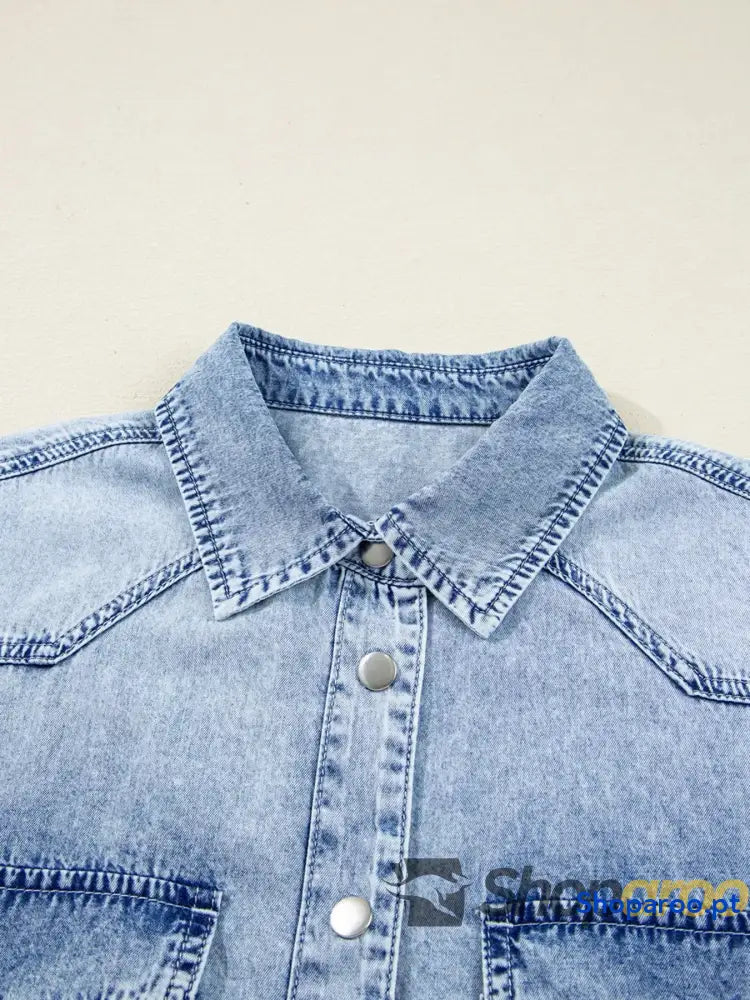 Chest Pocket Raw Hem Denim Loose Shirt Dress
