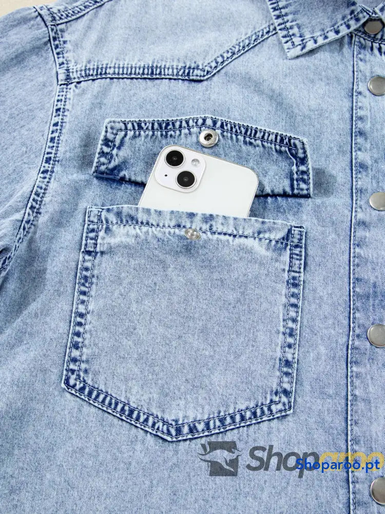 Chest Pocket Raw Hem Denim Loose Shirt Dress