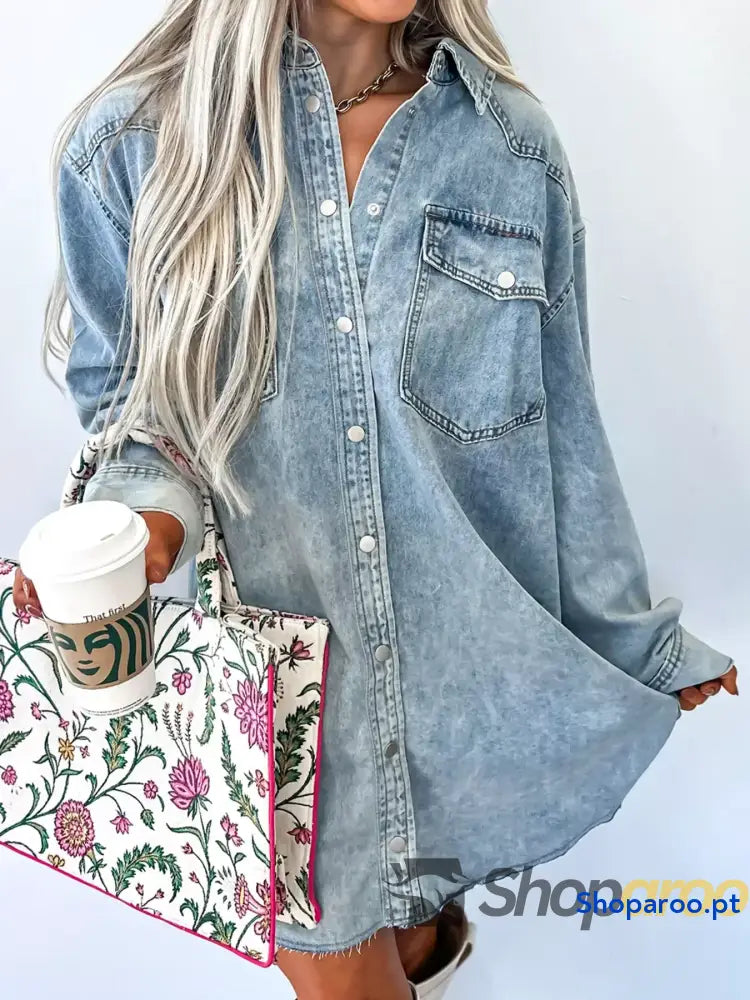 Chest Pocket Raw Hem Denim Loose Shirt Dress