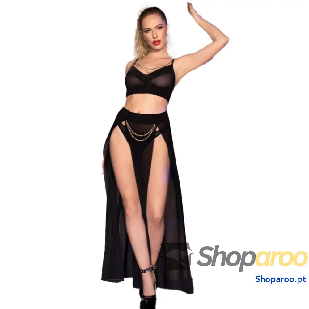CHILIROSE CR 4672 SAIA TOP PRETA E TANGA COM CORRENTES DOURADAS L