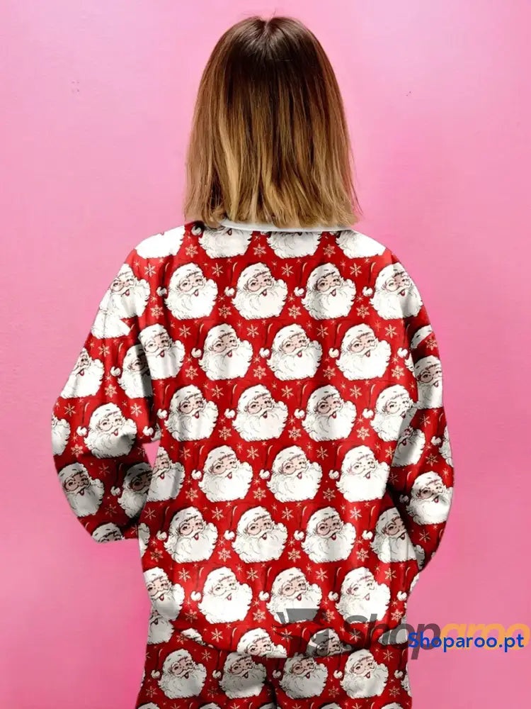 Christmas Santa Print Round Neck Top and Shorts Lounge Set