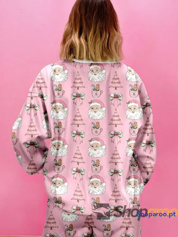 Christmas Santa Print Round Neck Top and Shorts Lounge Set