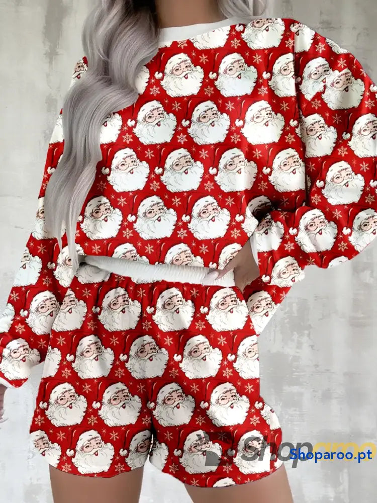 Christmas Santa Print Round Neck Top and Shorts Lounge Set