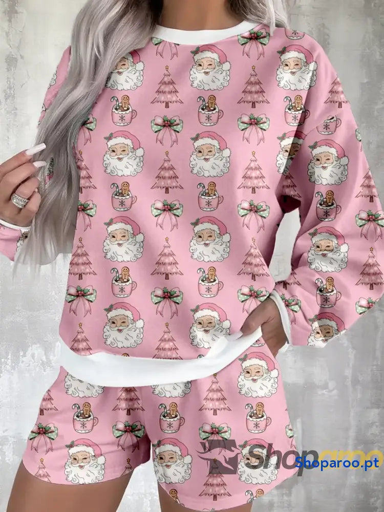 Christmas Santa Print Round Neck Top and Shorts Lounge Set