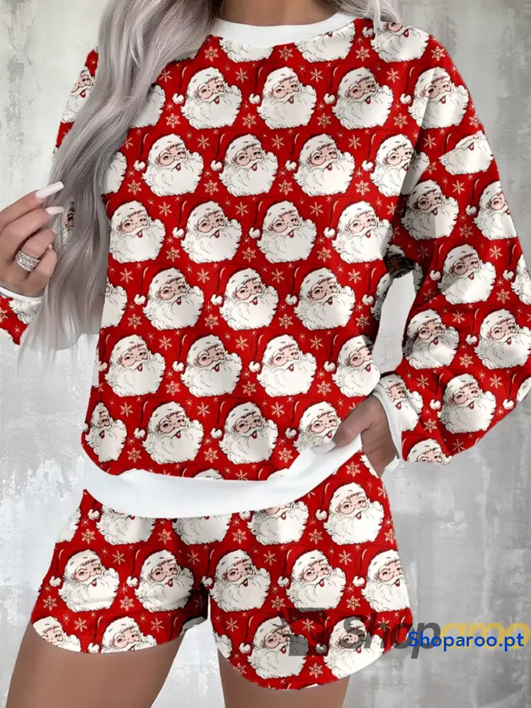 Christmas Santa Print Round Neck Top and Shorts Lounge Set