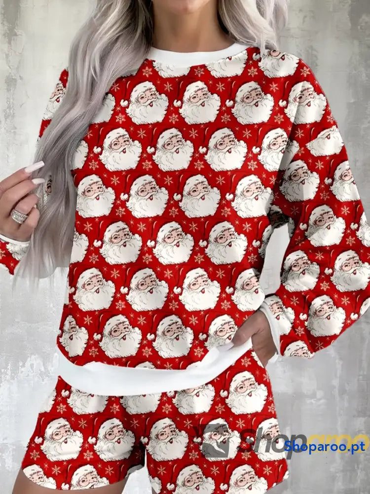 Christmas Santa Print Round Neck Top and Shorts Lounge Set