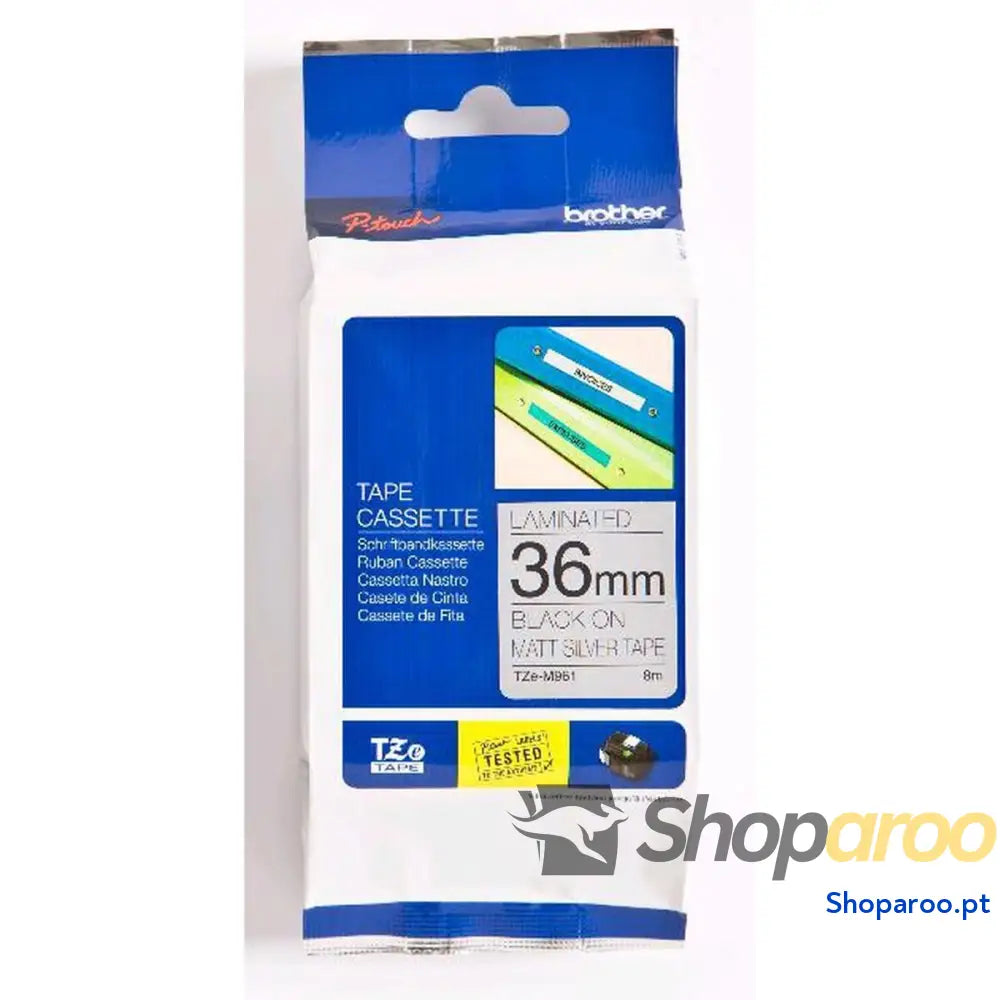 Cinta laminada para máquinas rotuladoras Brother TZe-M961 Preto Preto/Prateado Prateado