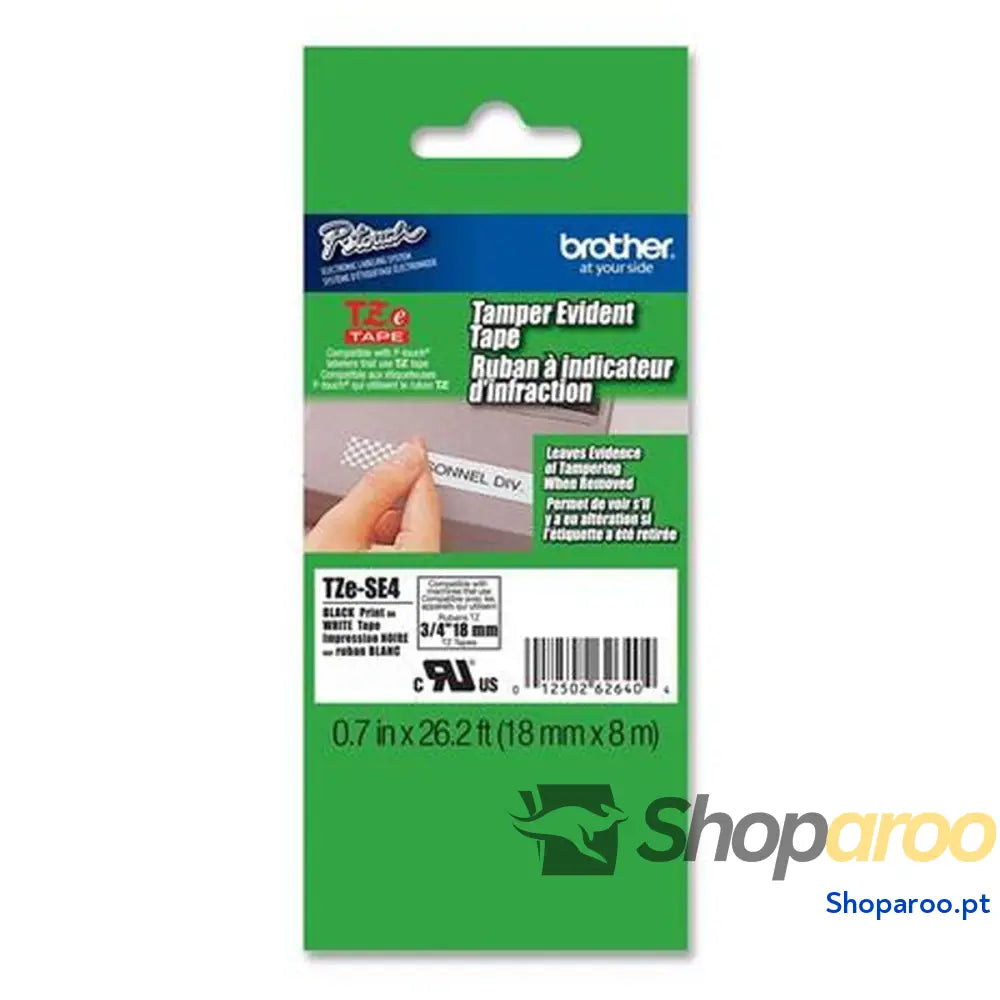 Cinta laminada para máquinas rotuladoras Brother TZE-SE4 Preto/Branco 18mm Fita de segurança