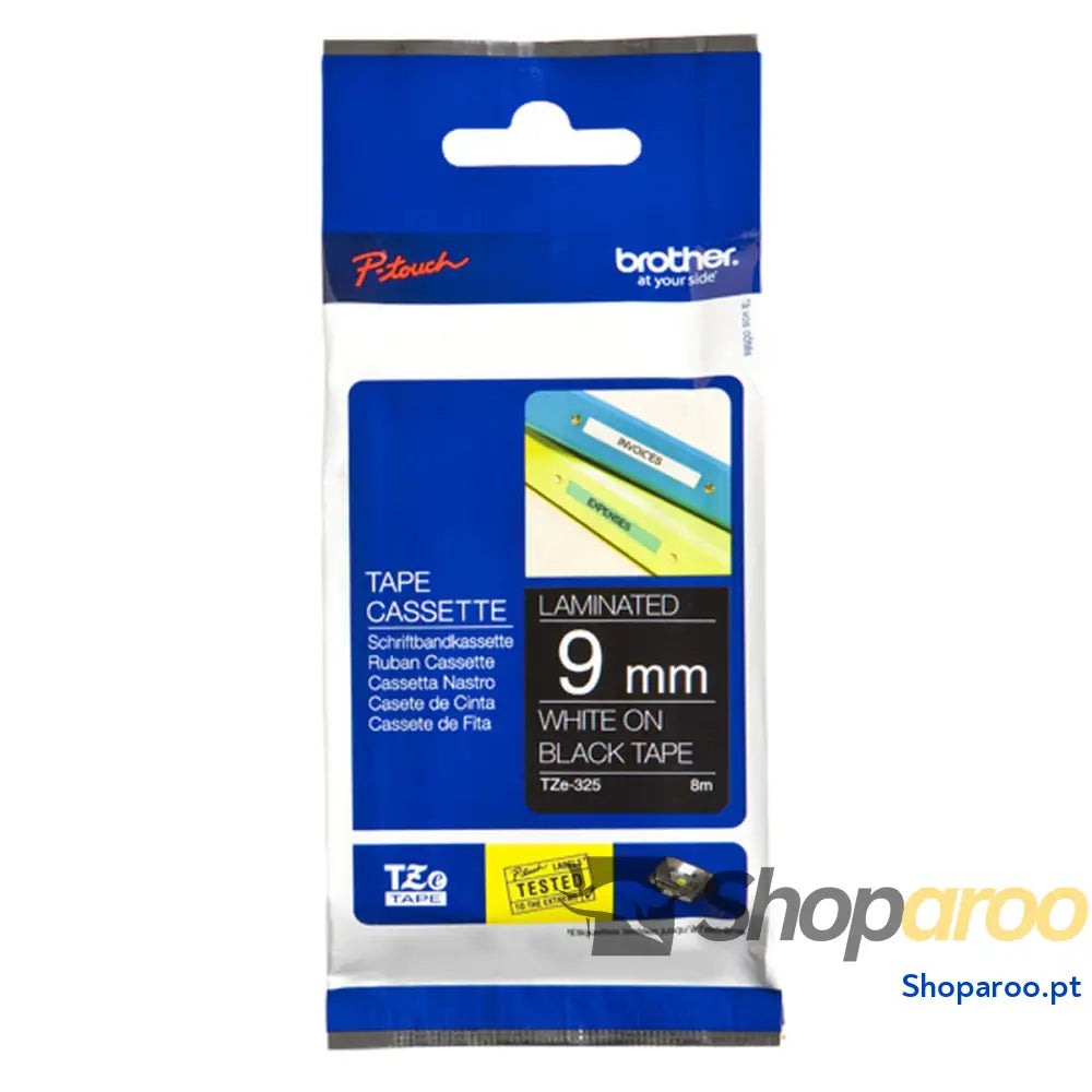 Cinta laminada para máquinas rotuladoras Brother TZE325 Preto Branco/Preto 9 mm