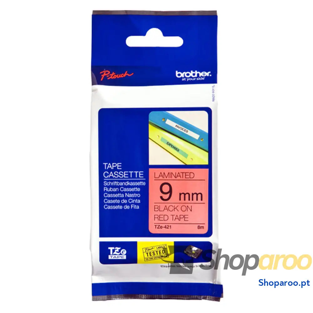 Cinta laminada para máquinas rotuladoras Brother TZE421 Preto/Vermelho 9 mm