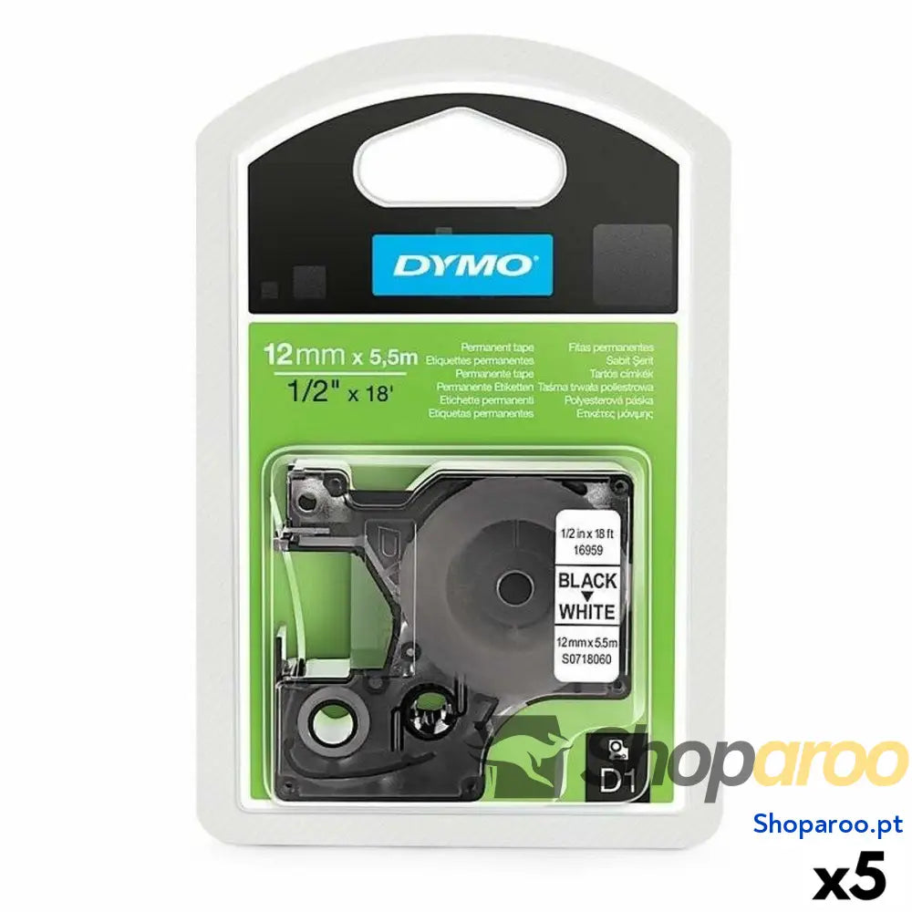 Cinta laminada para máquinas rotuladoras Dymo D1 16959 12 mm x 5,5 m Preto Poliéster Branco (5 Unidades)
