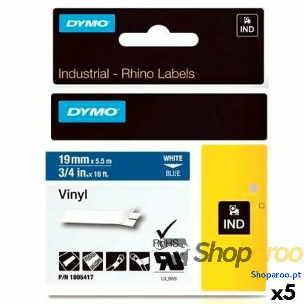 Cinta laminada para máquinas rotuladoras Dymo Rhino 19 mm x 5,5 m Azul Branco Etiqueta (5 Unidades)
