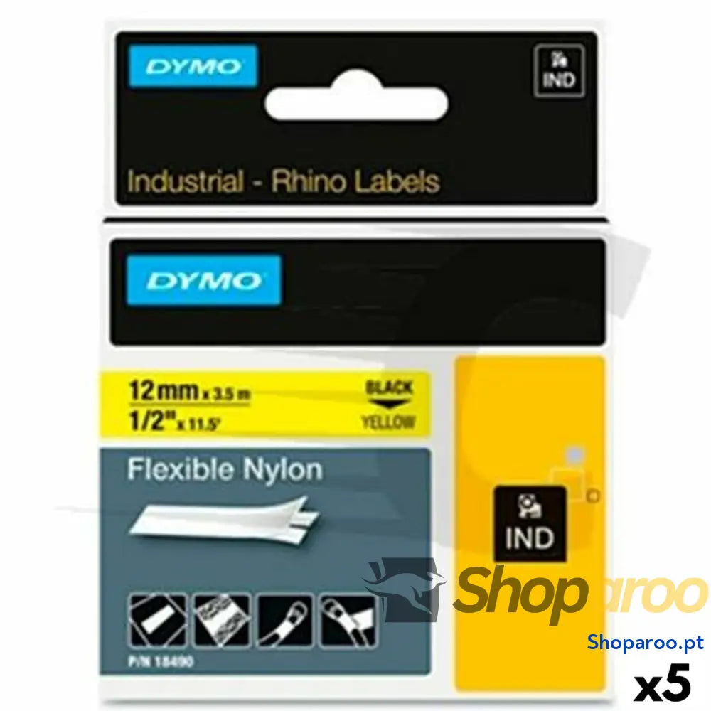 Cinta laminada para máquinas rotuladoras Rhino Dymo ID1-12 Amarelo Preto 12 x 3,5 mm Autoadesivas (5 Unidades)