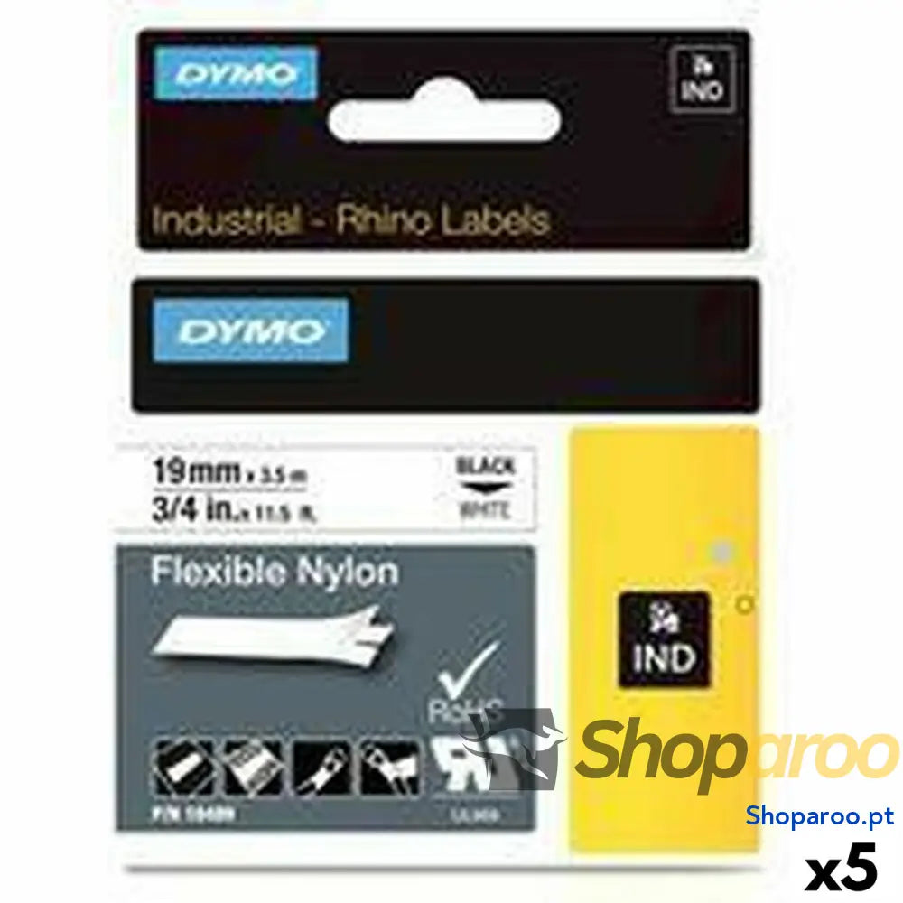 Cinta laminada para máquinas rotuladoras Rhino Dymo ID1-19 19 x 3,5 mm Preto Branco Autoadesivas (5 Unidades)
