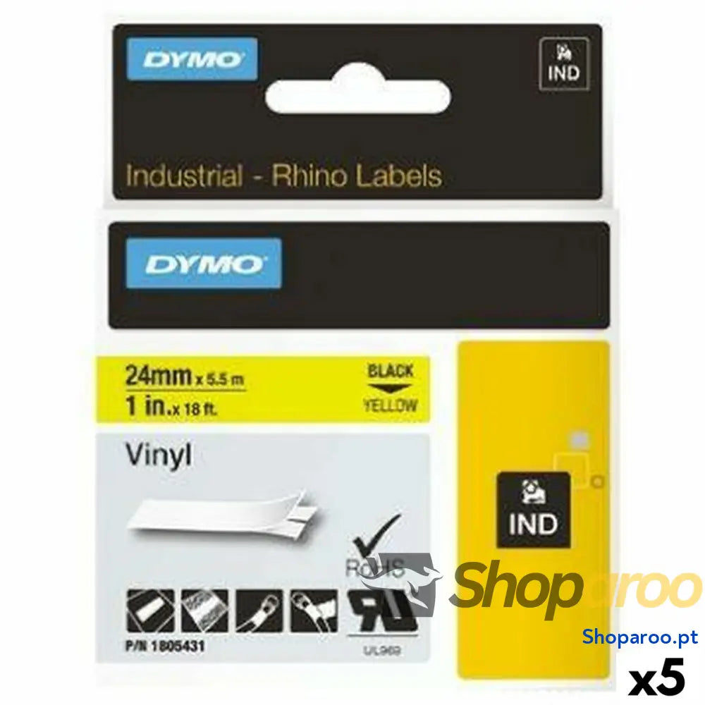Cinta laminada para máquinas rotuladoras Rhino Dymo ID1-24 24 x 5,5 mm Preto Amarelo Etiqueta Autoadesivas (5 Unidades)