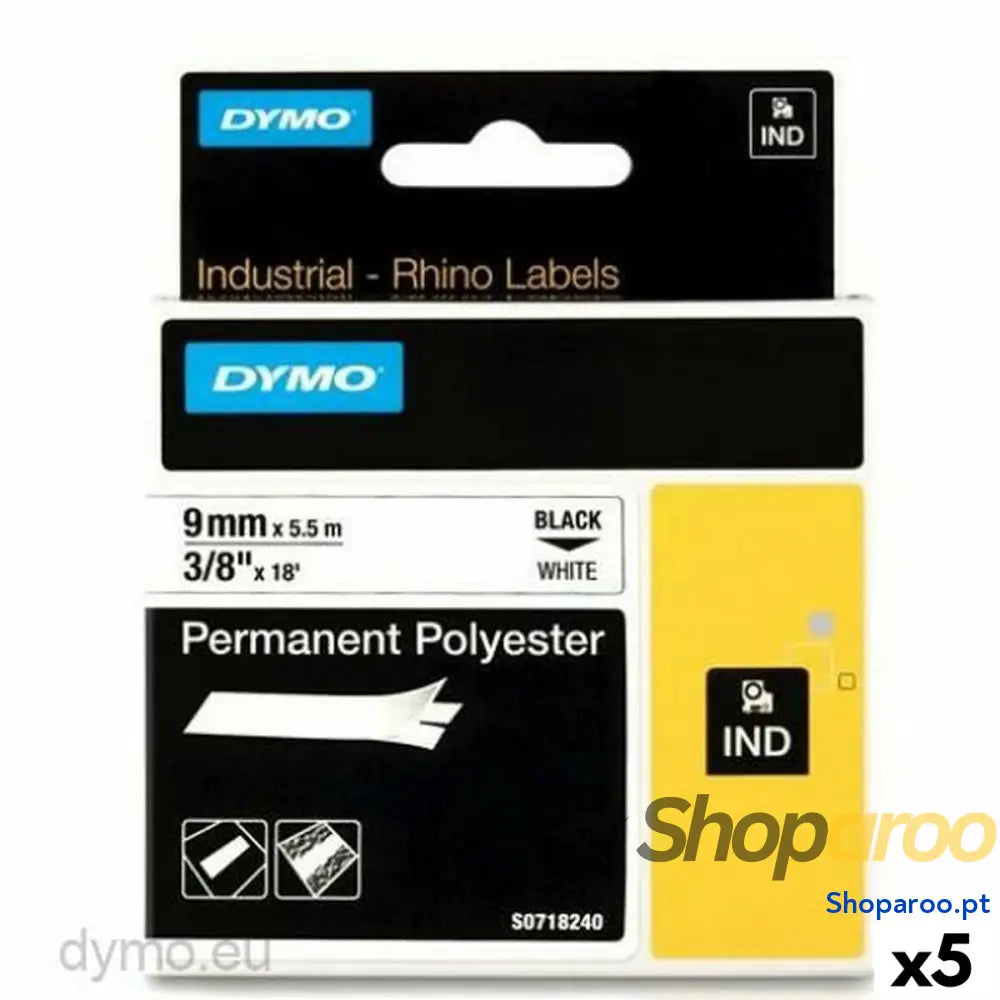 Cinta laminada para máquinas rotuladoras Rhino Dymo ID1-9 9 x 5,5 mm Preto Poliéster Branco (5 Unidades)