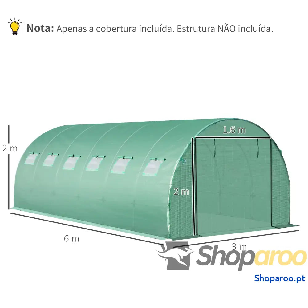 Cobertura de Estufa Túnel 6x3x2m Substituição Polietileno com 12 Janelas e Portas Enroláveis Proteção Plantas