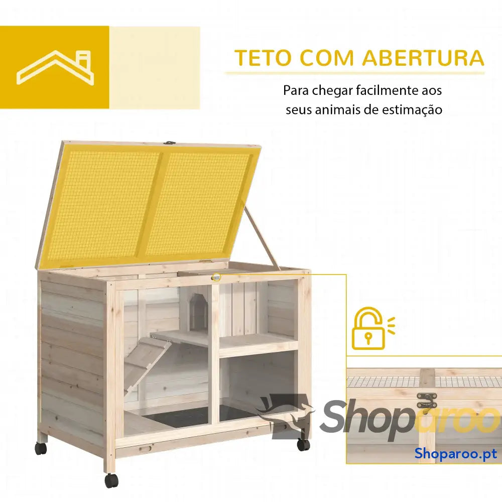 Coelheira de Madeira com Rodas e Dois Níveis para Coelhos