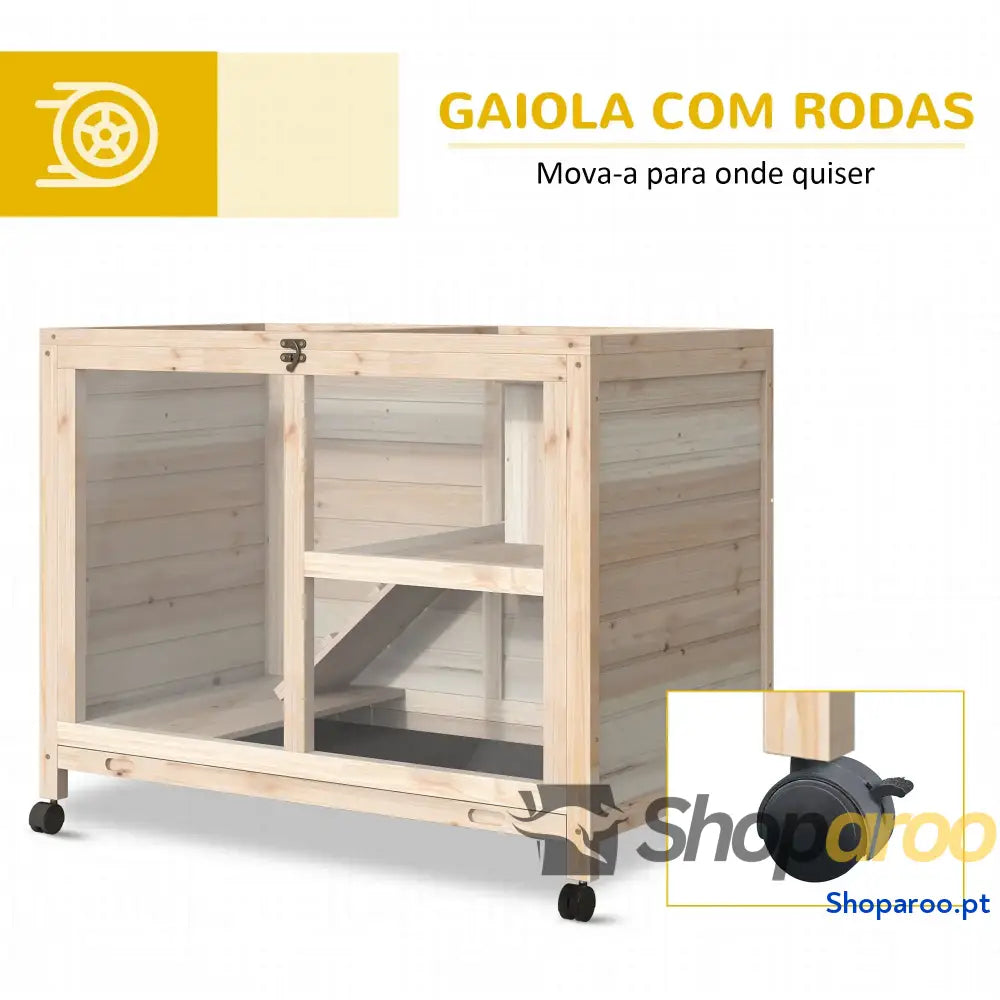 Coelheira de Madeira com Rodas e Dois Níveis para Coelhos
