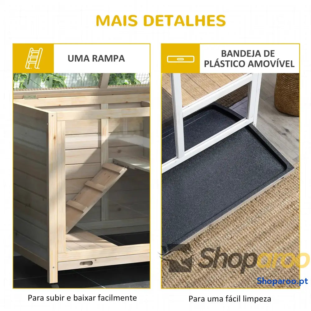 Coelheira de Madeira com Rodas e Dois Níveis para Coelhos