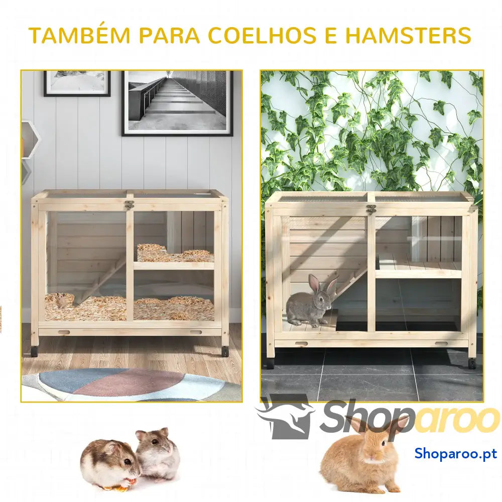 Coelheira de Madeira com Rodas e Dois Níveis para Coelhos