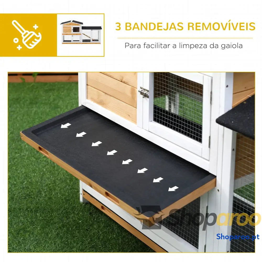 Coelheira de Madeira Exterior Gaiola para Coelhos 2 Níveis com Teto Asfáltico Cercados Metal Bandeja Removível 3 Portas