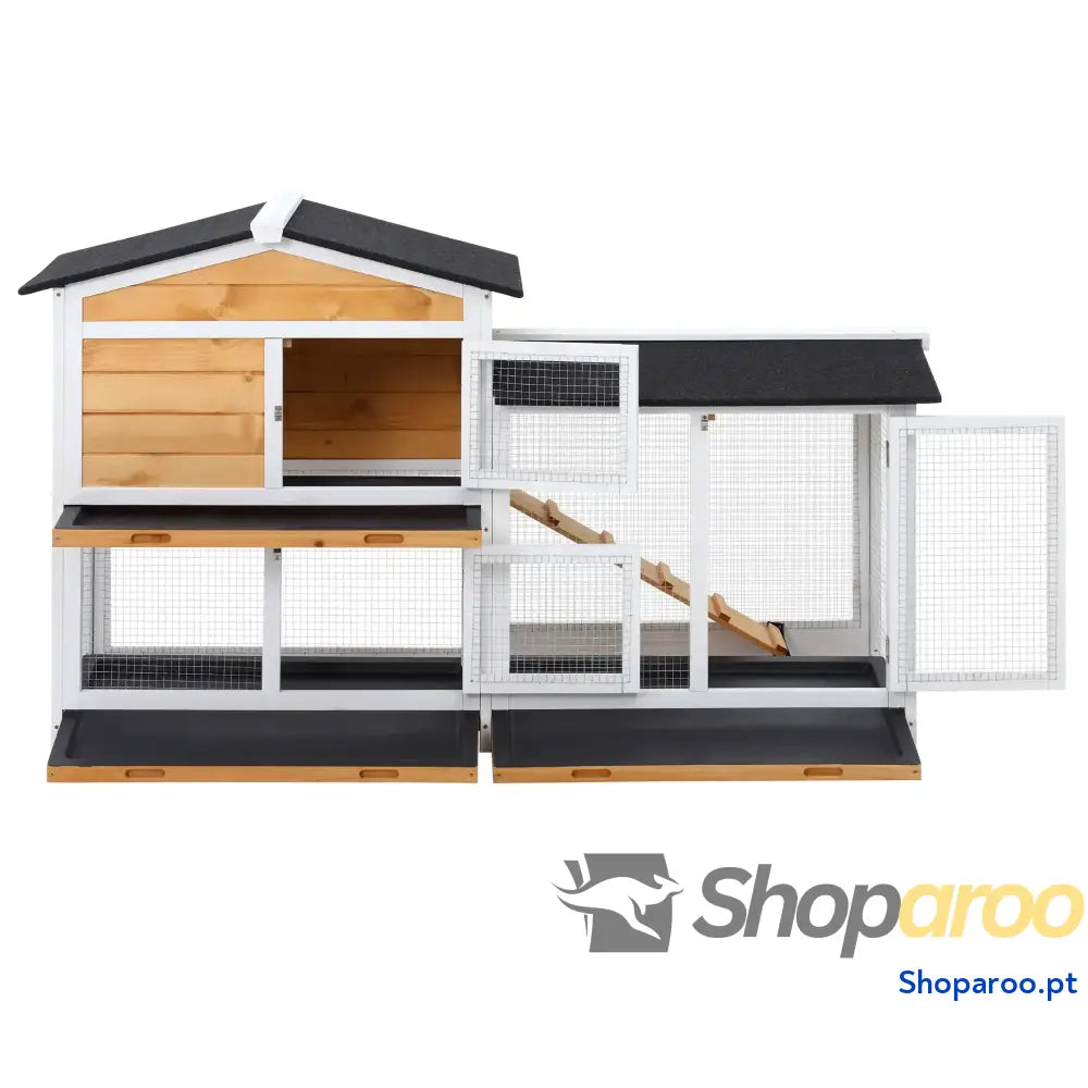 Coelheira de Madeira Exterior Gaiola para Coelhos 2 Níveis com Teto Asfáltico Cercados Metal Bandeja Removível 3 Portas