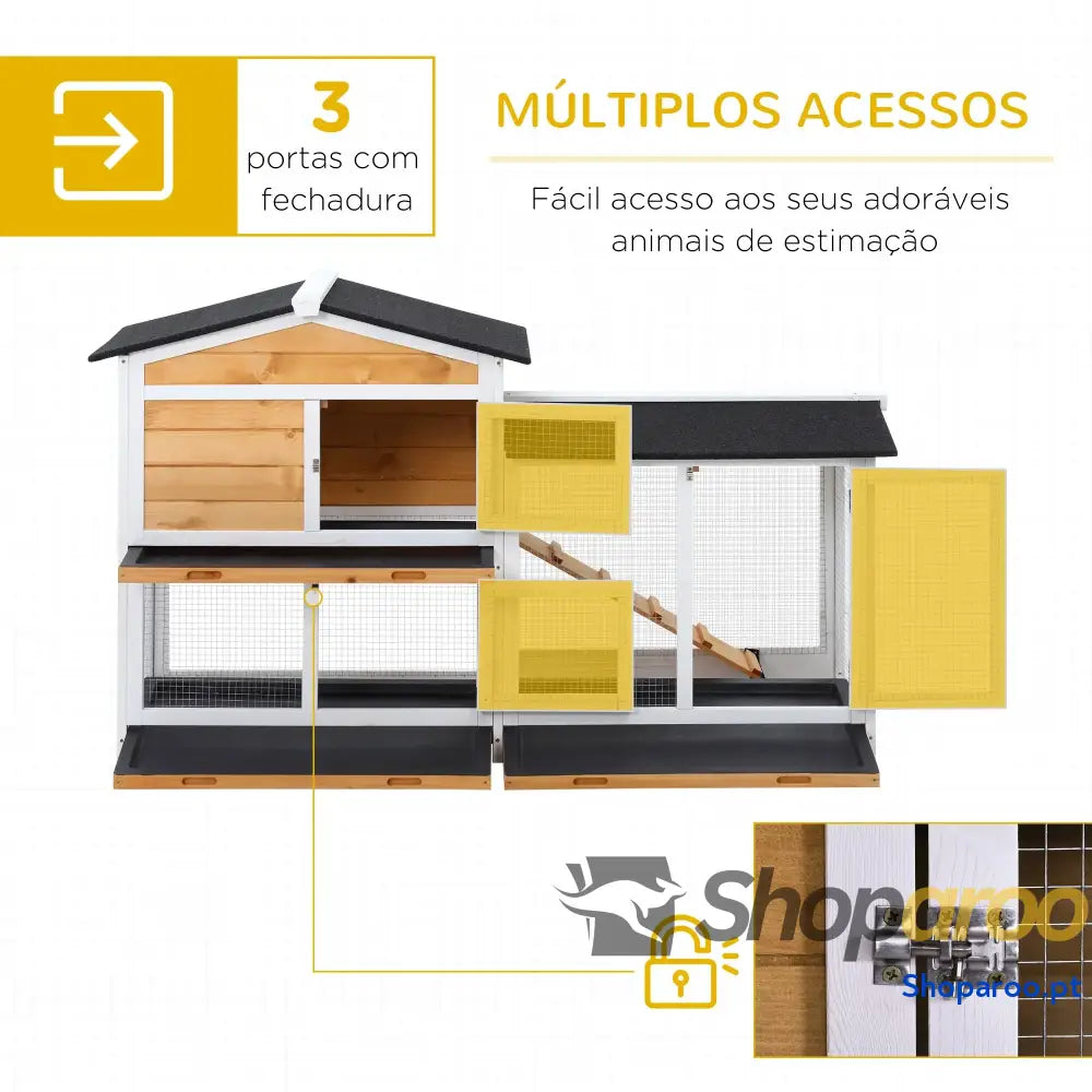 Coelheira de Madeira Exterior Gaiola para Coelhos 2 Níveis com Teto Asfáltico Cercados Metal Bandeja Removível 3 Portas