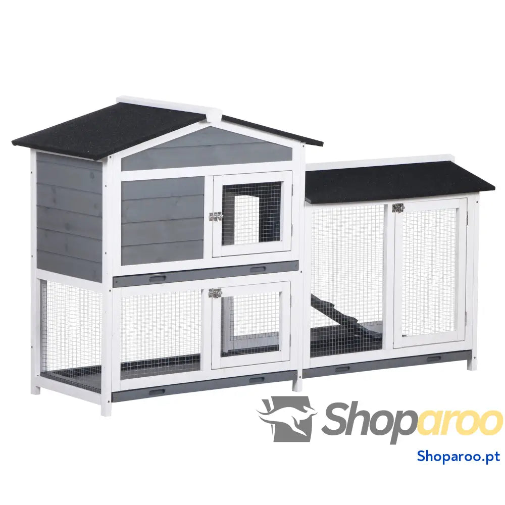 Coelheira de Madeira Exterior Gaiola para Coelhos 2 Níveis com Teto Asfáltico Cercados Metal Bandeja Removível 3 Portas