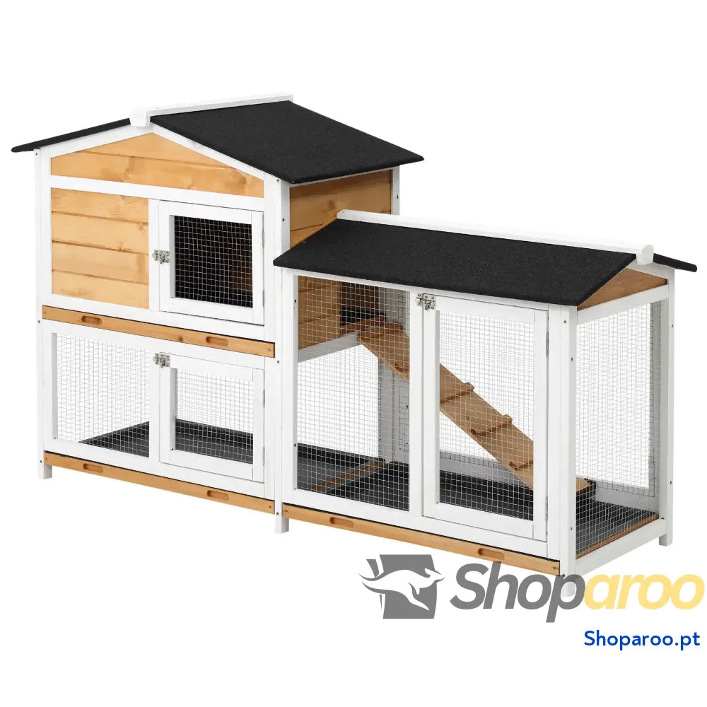 Coelheira de Madeira Exterior Gaiola para Coelhos 2 Níveis com Teto Asfáltico Cercados Metal Bandeja Removível 3 Portas