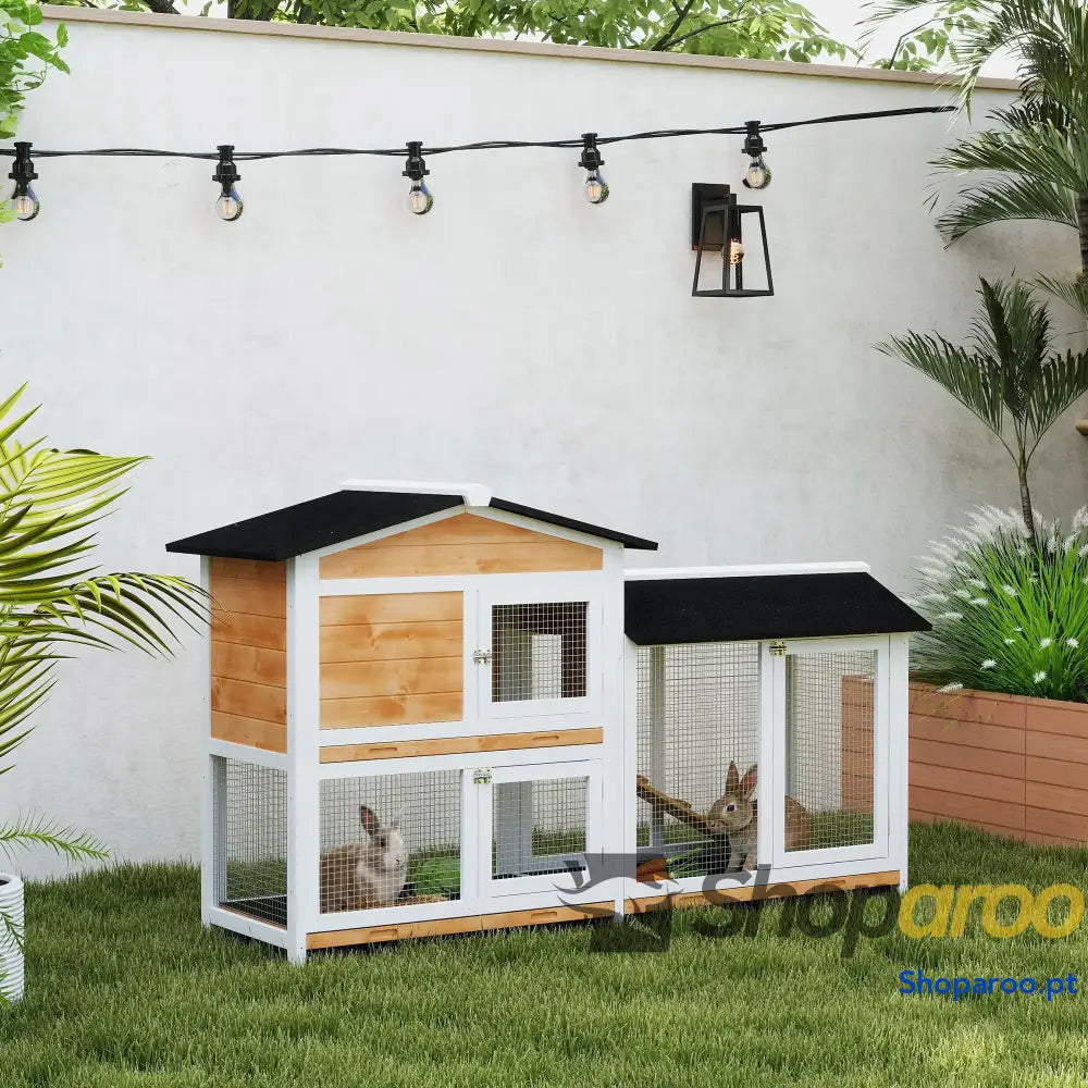 Coelheira de Madeira Exterior Gaiola para Coelhos 2 Níveis com Teto Asfáltico Cercados Metal Bandeja Removível 3 Portas