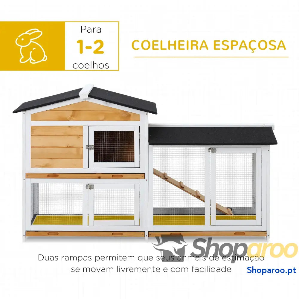 Coelheira de Madeira Exterior Gaiola para Coelhos 2 Níveis com Teto Asfáltico Cercados Metal Bandeja Removível 3 Portas