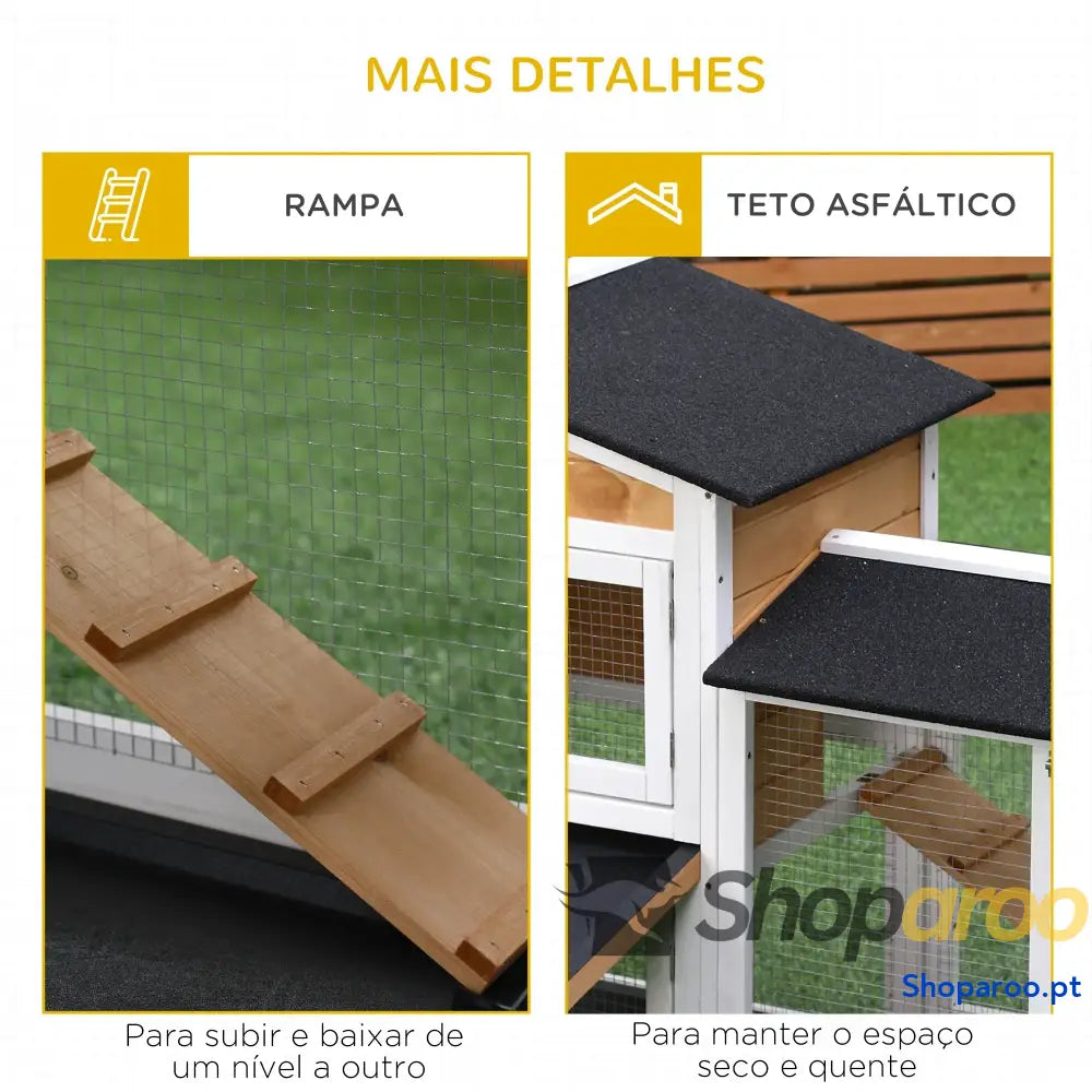 Coelheira de Madeira Exterior Gaiola para Coelhos 2 Níveis com Teto Asfáltico Cercados Metal Bandeja Removível 3 Portas