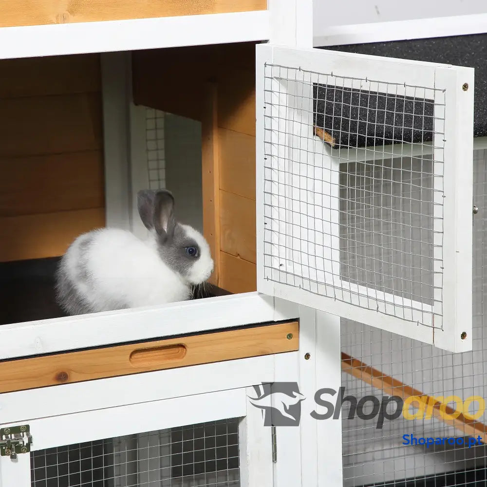 Coelheira de Madeira Exterior Gaiola para Coelhos 2 Níveis com Teto Asfáltico Cercados Metal Bandeja Removível 3 Portas