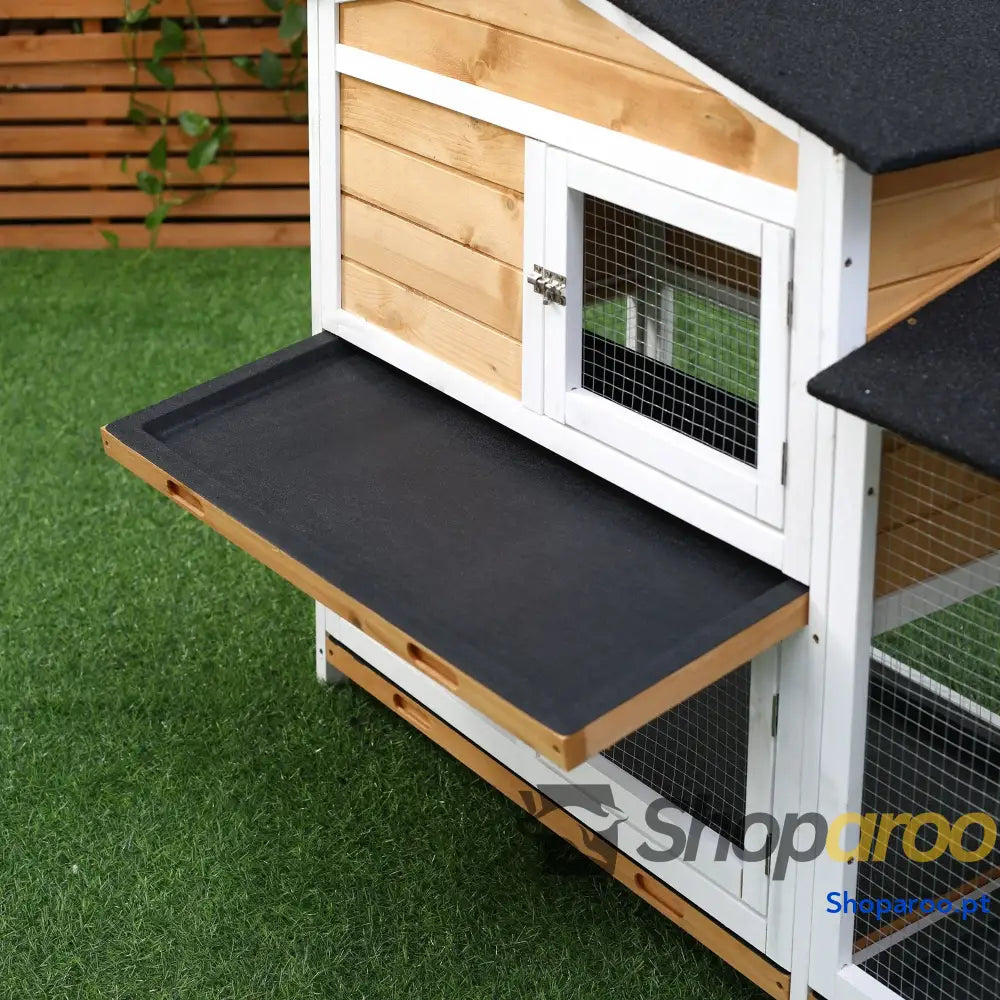 Coelheira de Madeira Exterior Gaiola para Coelhos 2 Níveis com Teto Asfáltico Cercados Metal Bandeja Removível 3 Portas