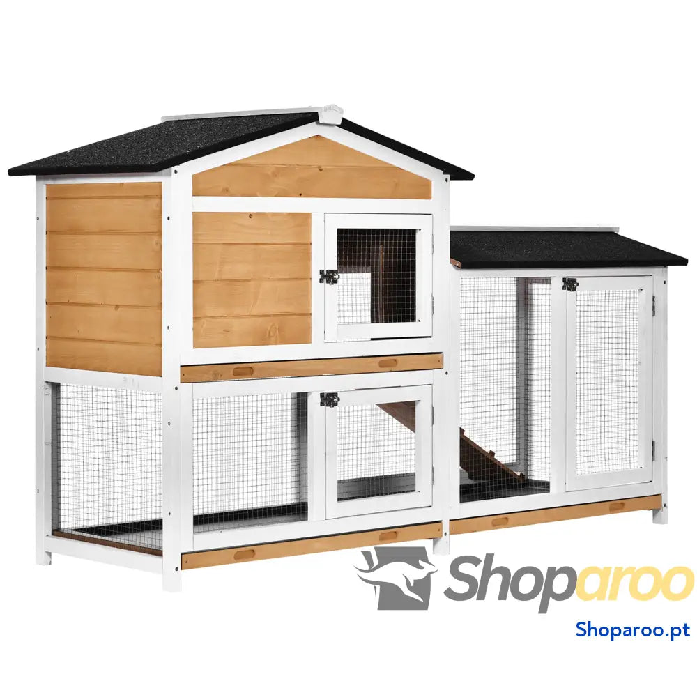 Coelheira de Madeira Exterior Gaiola para Coelhos 2 Níveis com Teto Asfáltico Cercados Metal Bandeja Removível 3 Portas