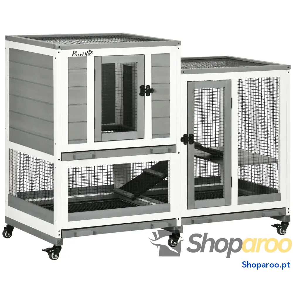 Coelheira de Madeira Interior Gaiola para Coelhos 2 Níveis com Rodas Rampas 3 Bandejas Amovíveis 110x50x86 cm Cinza