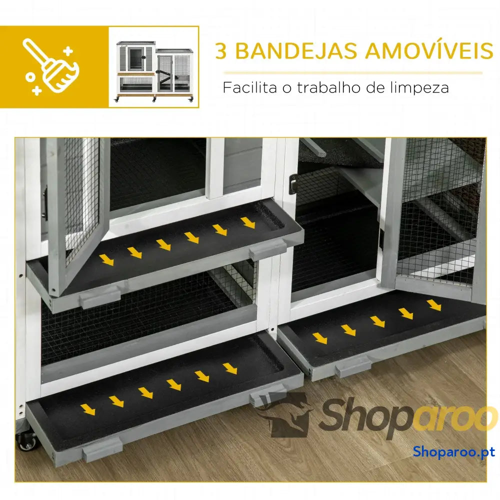 Coelheira de Madeira Interior Gaiola para Coelhos 2 Níveis com Rodas Rampas 3 Bandejas Amovíveis 110x50x86 cm Cinza