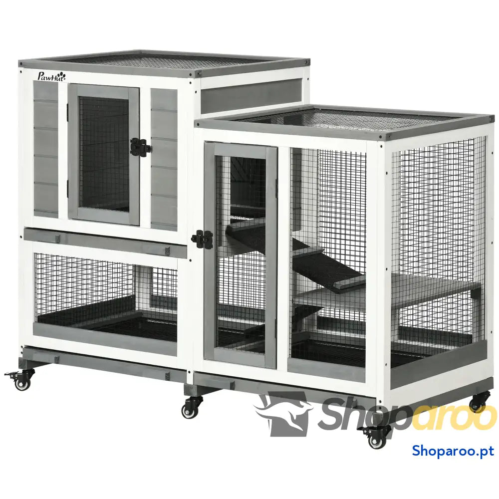 Coelheira de Madeira Interior Gaiola para Coelhos 2 Níveis com Rodas Rampas 3 Bandejas Amovíveis 110x50x86 cm Cinza
