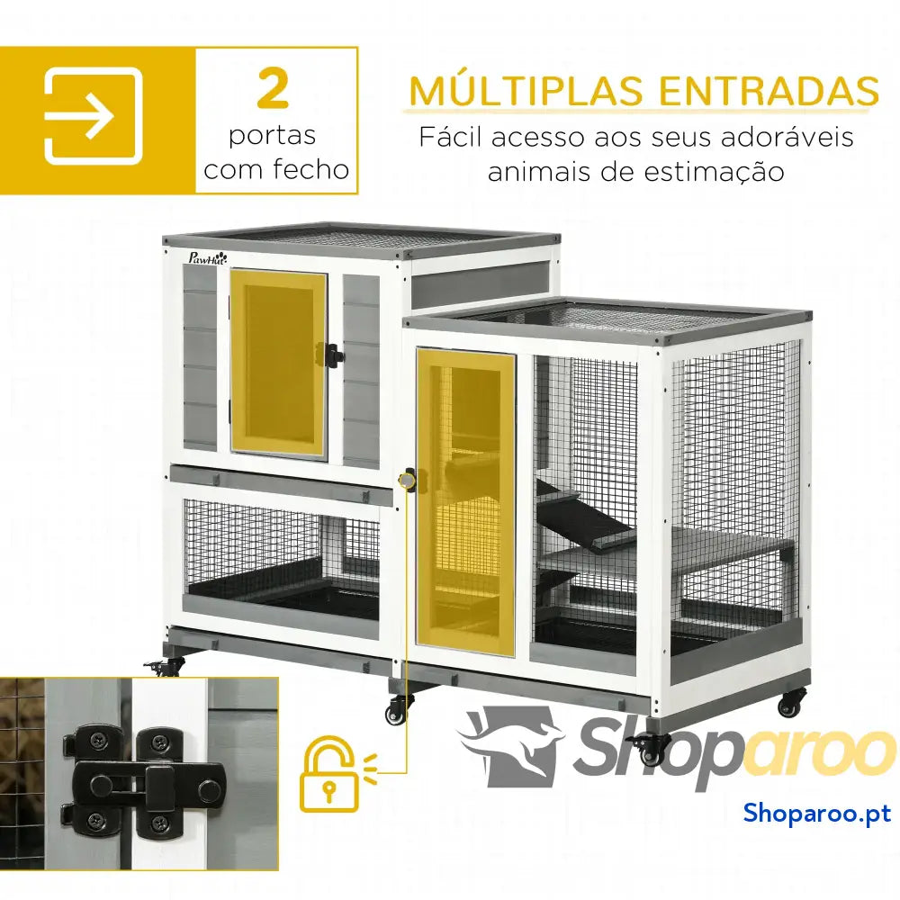 Coelheira de Madeira Interior Gaiola para Coelhos 2 Níveis com Rodas Rampas 3 Bandejas Amovíveis 110x50x86 cm Cinza