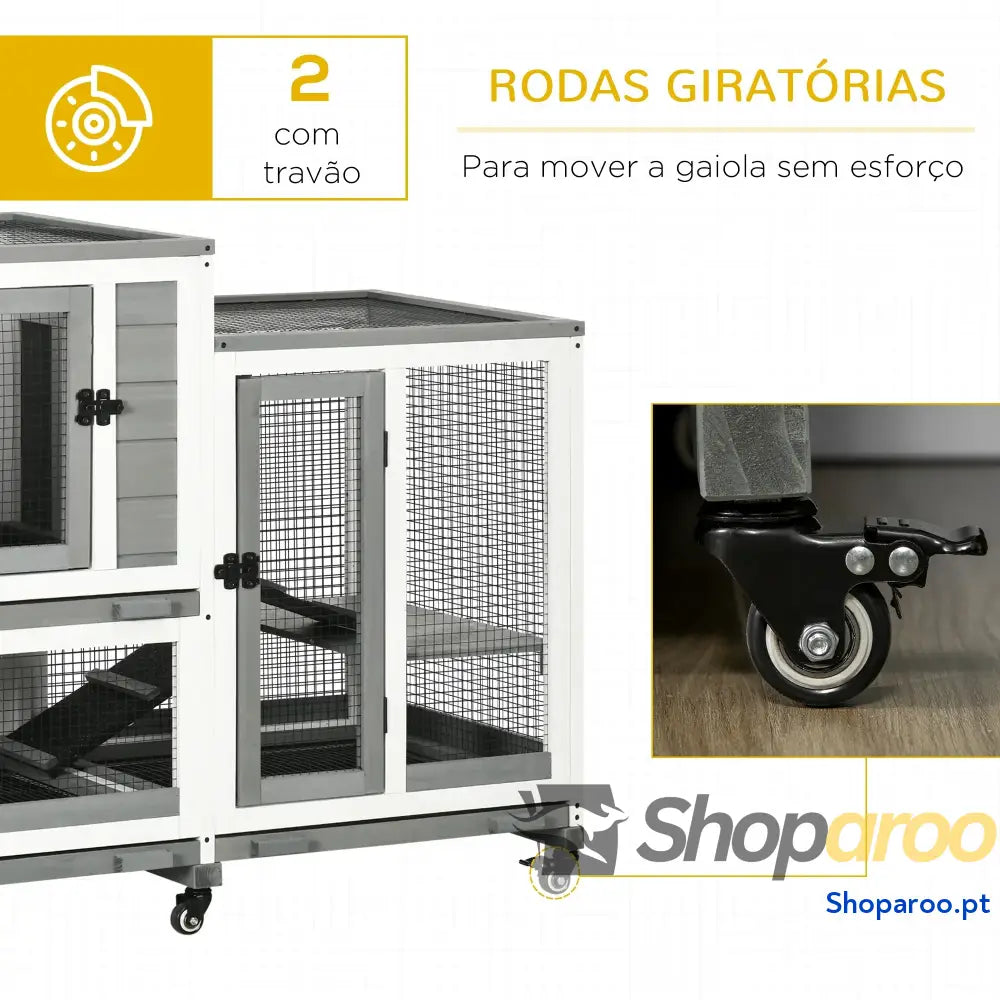 Coelheira de Madeira Interior Gaiola para Coelhos 2 Níveis com Rodas Rampas 3 Bandejas Amovíveis 110x50x86 cm Cinza