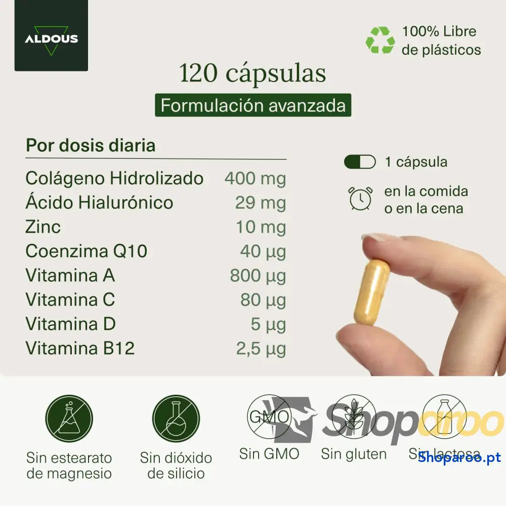 Colágeno Hidrolisado Puro + Ácido Hialurônico + Coenzima Q10 + Vitaminas e B12 + Zinco 120 dias Dose Máxima Fórmula