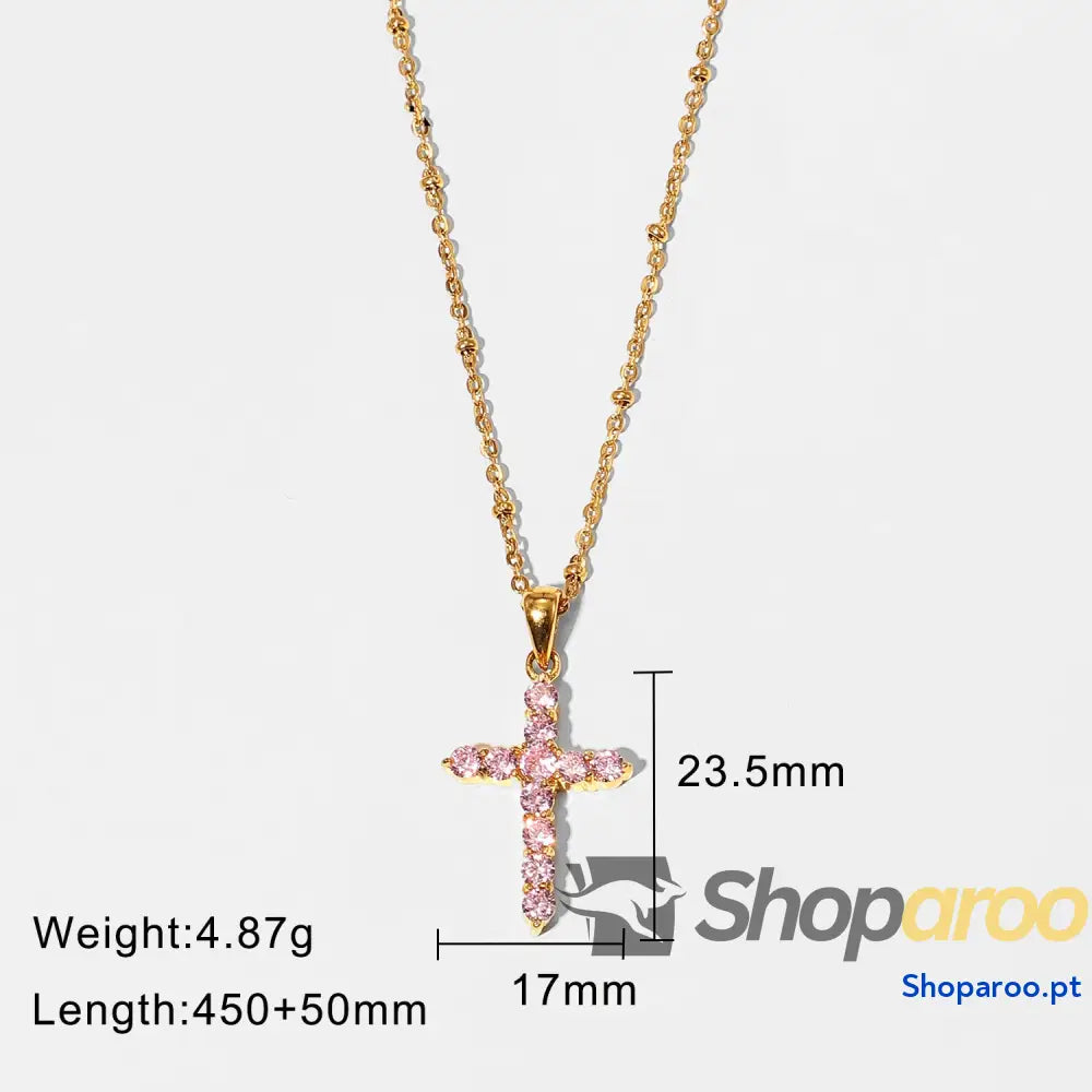 Colar com cruz de zircónia rosa banhado a ouro 18k
