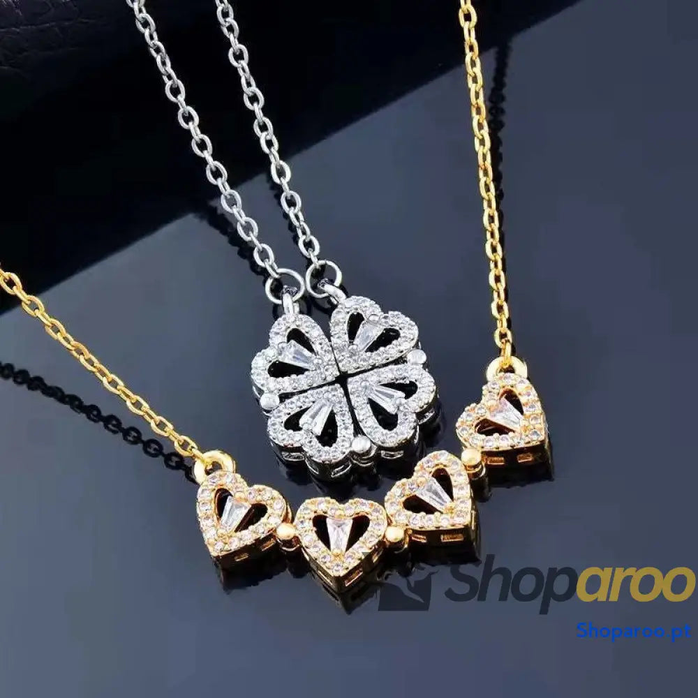 Colar Coração Trevo de Quatro Folhas com Zircónias em Aço Titânio Ouro 18K