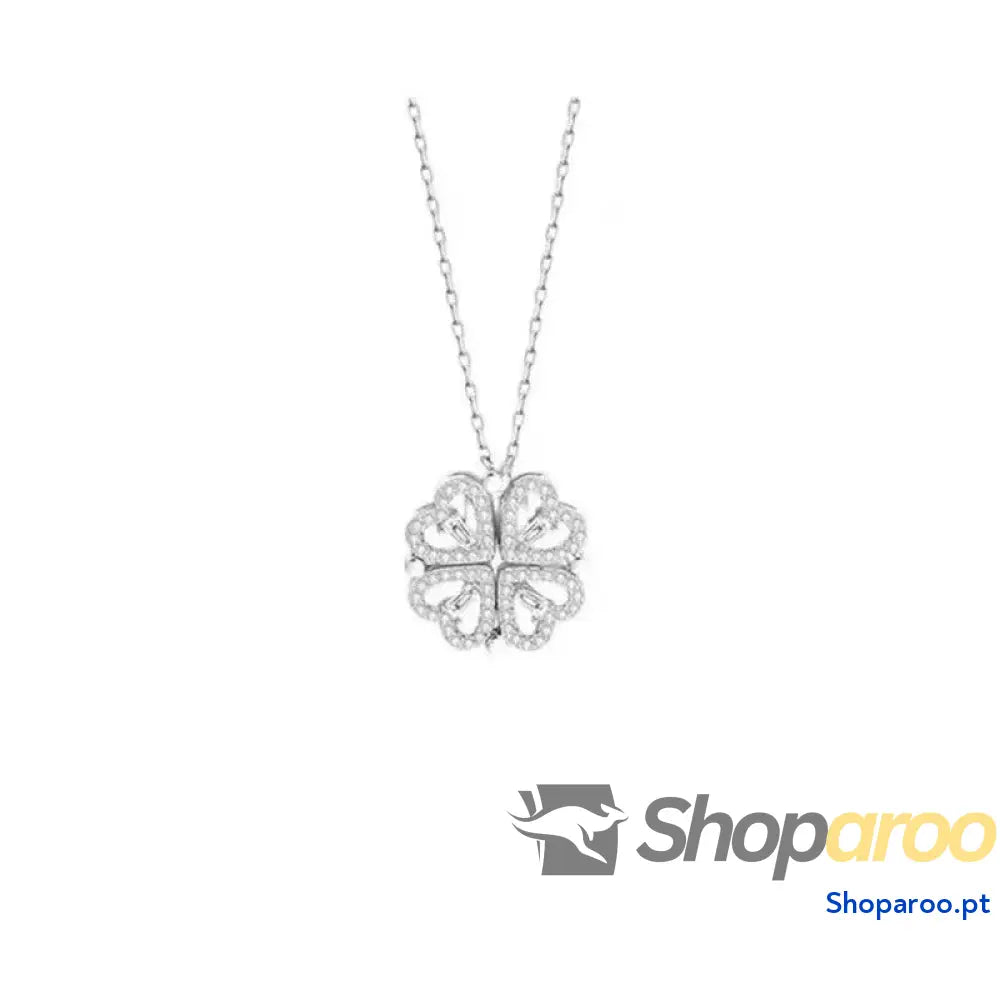 Colar Coração Trevo de Quatro Folhas com Zircónias em Aço Titânio Ouro 18K